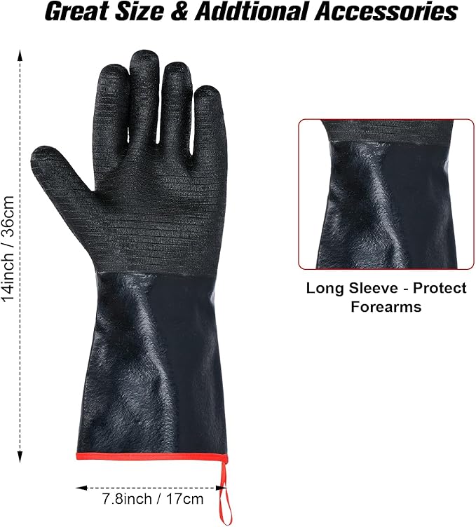 14 inch Barbecue Gloves, 932°F Extreme Heat Resistant Gloves, Waterproof Gloves with overlong Sleeve, for Baking/Oven/Cooking/Pit/Barbecue/Cutting,Textured Palm Handle/Greasy Food