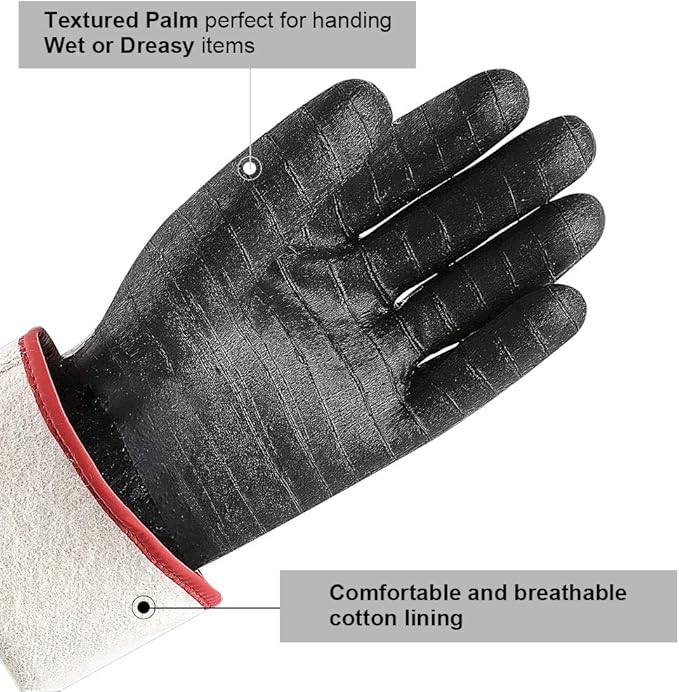 932°F Extreme Heat Resistant Gloves for Grill BBQ,Aillary Waterproof Long Sleeve Pit Grill Gloves for Fryer, Baking, Oven,Smoker,Fireproof, Oil Resistant Neoprene Coating(14-Inch )