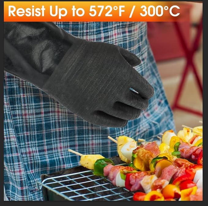 Heat Resistant BBQ Gloves, 572°F Grill Gloves, Waterproof Oil Resistant Oven Glove, 14 Inch Black Long Sleeve Grill Mitts for Barbecue, Grilling, Fryer, Smoker, Cooking, Baking