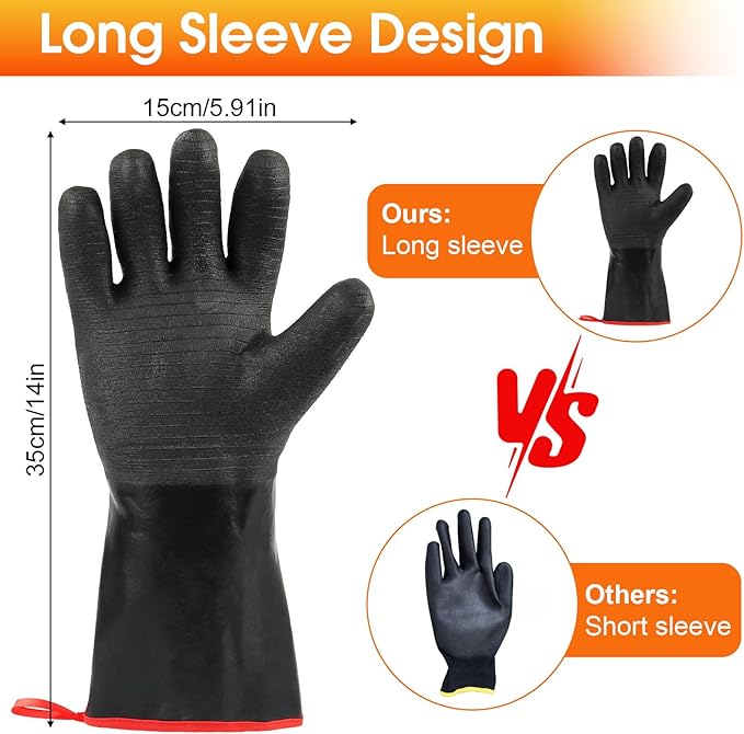 Heat Resistant BBQ Gloves, 572°F Grill Gloves, Waterproof Oil Resistant Oven Glove, 14 Inch Black Long Sleeve Grill Mitts for Barbecue, Grilling, Fryer, Smoker, Cooking, Baking