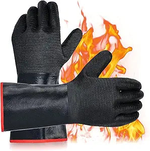 14 inch Barbecue Gloves, 932°F Extreme Heat Resistant Gloves, Waterproof Gloves with overlong Sleeve, for Baking/Oven/Cooking/Pit/Barbecue/Cutting,Textured Palm Handle/Greasy Food