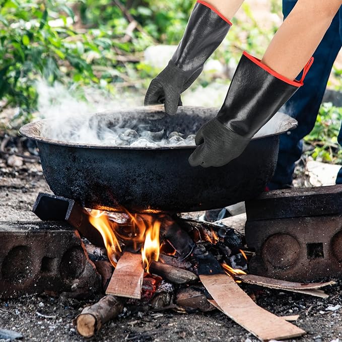 14 inch Barbecue Gloves, 932°F Extreme Heat Resistant Gloves, Waterproof Gloves with overlong Sleeve, for Baking/Oven/Cooking/Pit/Barbecue/Cutting,Textured Palm Handle/Greasy Food