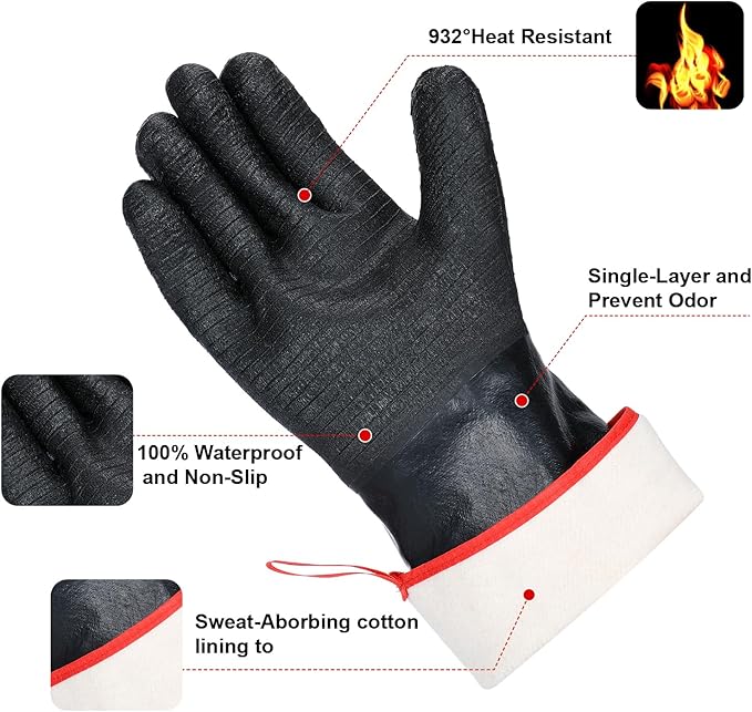 14 inch Barbecue Gloves, 932°F Extreme Heat Resistant Gloves, Waterproof Gloves with overlong Sleeve, for Baking/Oven/Cooking/Pit/Barbecue/Cutting,Textured Palm Handle/Greasy Food