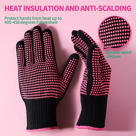 2 Pcs Heat Resistant Gloves With Silicone Bumps, Professional Heat Proof Glove Mitts For Hair Styling Curling Iron Wand Flat Iron Hot-Air Brushes Sublimation Gloves Rose Red