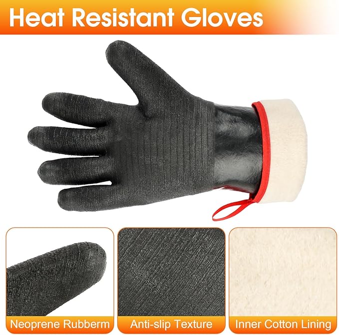Heat Resistant BBQ Gloves, 572°F Grill Gloves, Waterproof Oil Resistant Oven Glove, 14 Inch Black Long Sleeve Grill Mitts for Barbecue, Grilling, Fryer, Smoker, Cooking, Baking