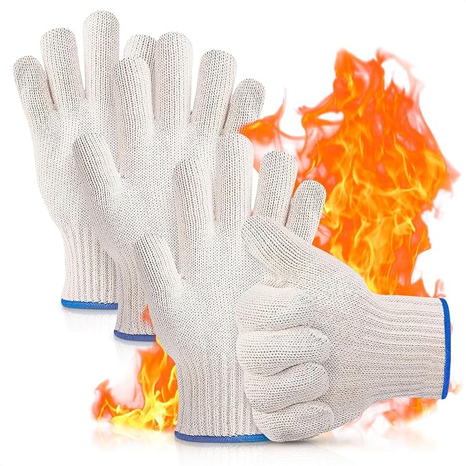 2 Pairs Heat Resistant Gloves for Grilling - 9.5 Inch Durable Aramid BBQ Heat Gloves for Cooking - Full Hand Protection, Easy to Use, Multipurpose for Baking, Roasting, Frying, and More