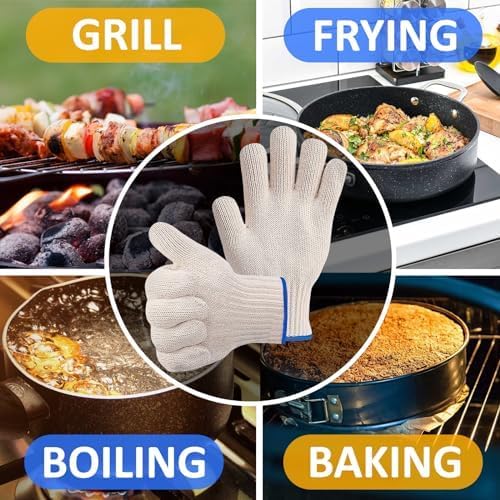 2 Pairs Heat Resistant Gloves for Grilling - 9.5 Inch Durable Aramid BBQ Heat Gloves for Cooking - Full Hand Protection, Easy to Use, Multipurpose for Baking, Roasting, Frying, and More