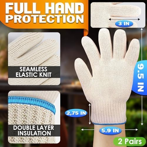 2 Pairs Heat Resistant Gloves for Grilling - 9.5 Inch Durable Aramid BBQ Heat Gloves for Cooking - Full Hand Protection, Easy to Use, Multipurpose for Baking, Roasting, Frying, and More