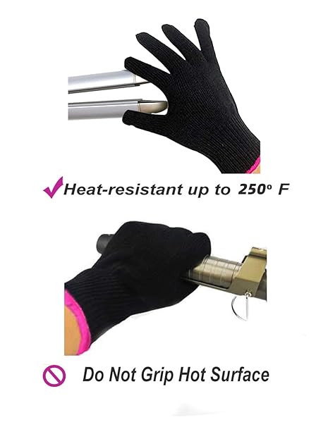 2 Heat Resistant Glove for Hair Styling, Curling Iron, Flat Iron and Curling Wand, Black, Pink Edge