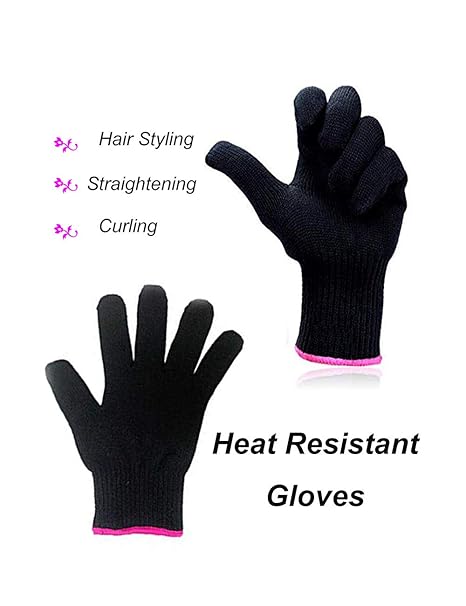 2 Heat Resistant Glove for Hair Styling, Curling Iron, Flat Iron and Curling Wand, Black, Pink Edge