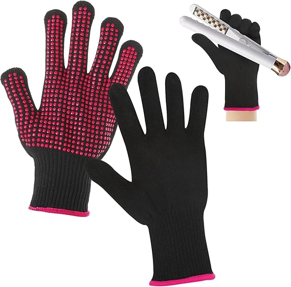 2 Pcs Heat Resistant Gloves With Silicone Bumps, Professional Thermal Styling Gloves for Women, Black, 9.36 x 4.68 inches