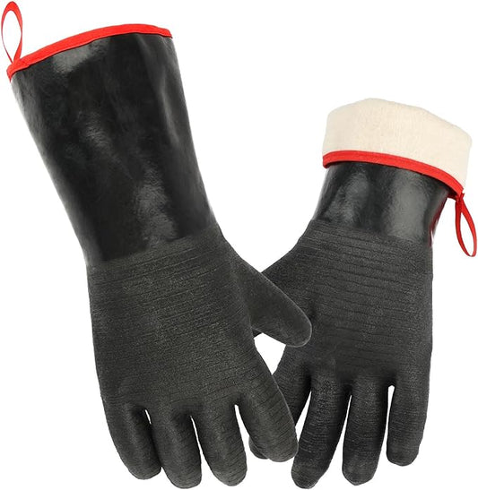 Heat Resistant BBQ Gloves, 572°F Grill Gloves, Waterproof Oil Resistant Oven Glove, 14 Inch Black Long Sleeve Grill Mitts for Barbecue, Grilling, Fryer, Smoker, Cooking, Baking