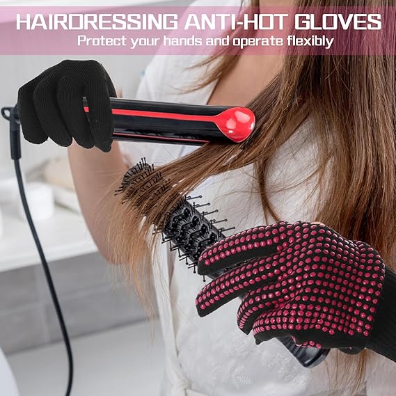 2 Pcs Heat Resistant Gloves With Silicone Bumps, Professional Thermal Styling Gloves for Women, Black, 9.36 x 4.68 inches